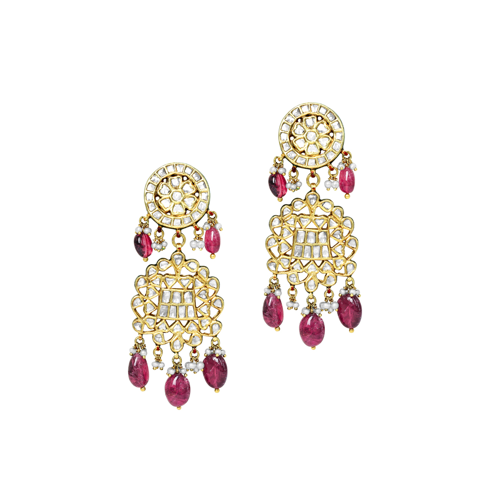Polki Earrings with Tourmaline Drops and Pearls